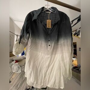 Ombre LINEN Button-Front Tunic Top WHITE TO OBSIDIAN. NWT. M L